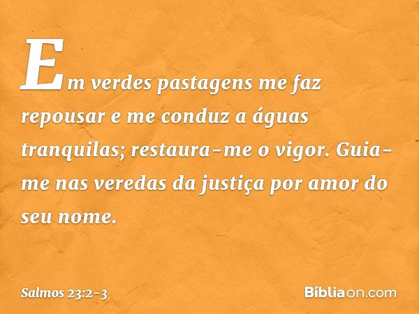 Em verdes pastagens me faz repousar
e me conduz a águas tranquilas; restaura-me o vigor.
Guia-me nas veredas da justiça
por amor do seu nome. -- Salmo 23:2-3