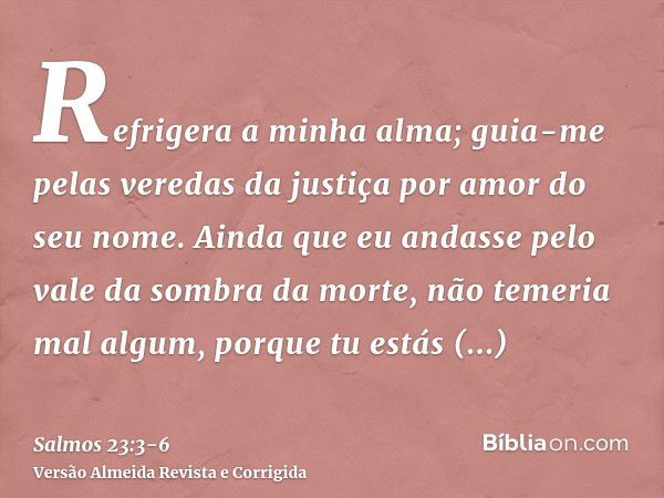 Refrigera a minha alma; guia-me pelas veredas da justiça por amor do seu nome.Ainda que eu andasse pelo vale da sombra da morte, não temeria mal algum, porque t