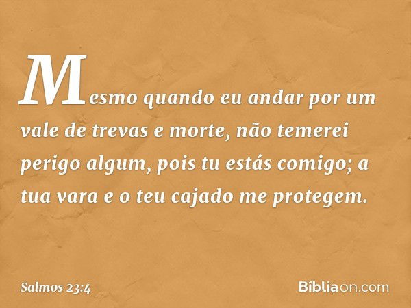 Mesmo quando eu andar
por um vale de trevas e morte,
não temerei perigo algum, pois tu estás comigo;
a tua vara e o teu cajado me protegem. -- Salmo 23:4