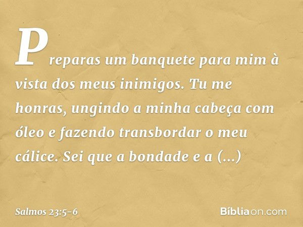 Preparas um banquete para mim
à vista dos meus inimigos.
Tu me honras,
ungindo a minha cabeça com óleo
e fazendo transbordar o meu cálice. Sei que a bondade e a