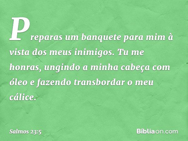 Preparas um banquete para mim
à vista dos meus inimigos.
Tu me honras,
ungindo a minha cabeça com óleo
e fazendo transbordar o meu cálice. -- Salmo 23:5