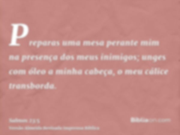 Preparas uma mesa perante mim na presença dos meus inimigos; unges com óleo a minha cabeça, o meu cálice transborda.