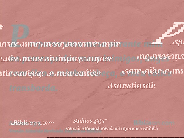 Preparas uma mesa perante mim na presença dos meus inimigos; unges com óleo a minha cabeça, o meu cálice transborda.