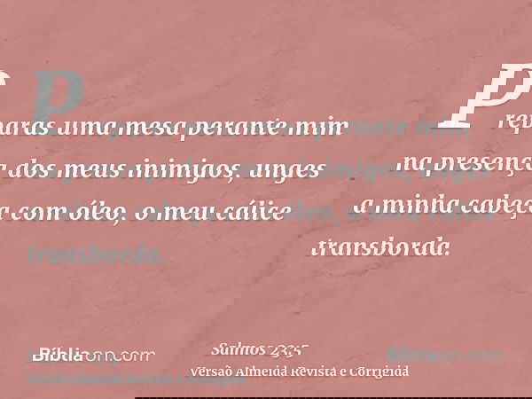 Preparas uma mesa perante mim na presença dos meus inimigos, unges a minha cabeça com óleo, o meu cálice transborda.