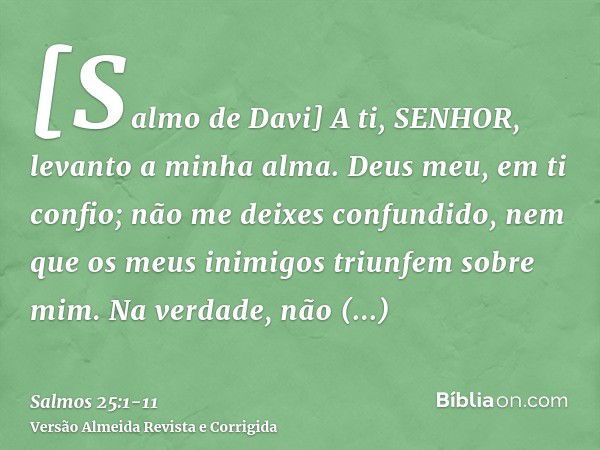 [Salmo de Davi] A ti, SENHOR, levanto a minha alma.Deus meu, em ti confio; não me deixes confundido, nem que os meus inimigos triunfem sobre mim.Na verdade, não