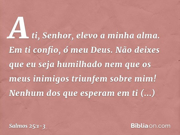 A ti, Senhor, elevo a minha alma. Em ti confio, ó meu Deus.
Não deixes que eu seja humilhado
nem que os meus inimigos triunfem sobre mim! Nenhum dos que esperam