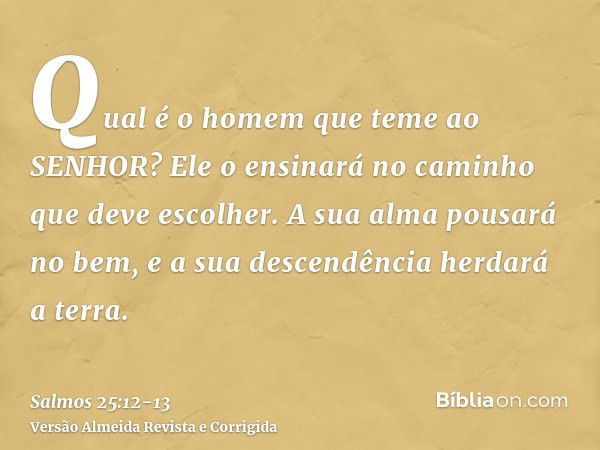 Qual é o homem que teme ao SENHOR? Ele o ensinará no caminho que deve escolher.A sua alma pousará no bem, e a sua descendência herdará a terra.