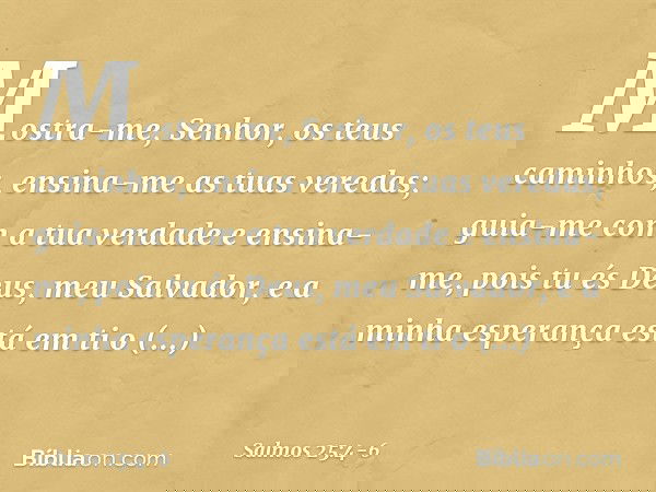 Mostra-me, Senhor, os teus caminhos,
ensina-me as tuas veredas; guia-me com a tua verdade e ensina-me,
pois tu és Deus, meu Salvador,
e a minha esperança está e