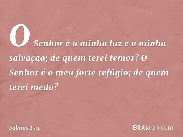 O Senhor é a minha luz e a minha salvação;
de quem terei temor?
O Senhor é o meu forte refúgio;
de quem terei medo? -- Salmo 27:1