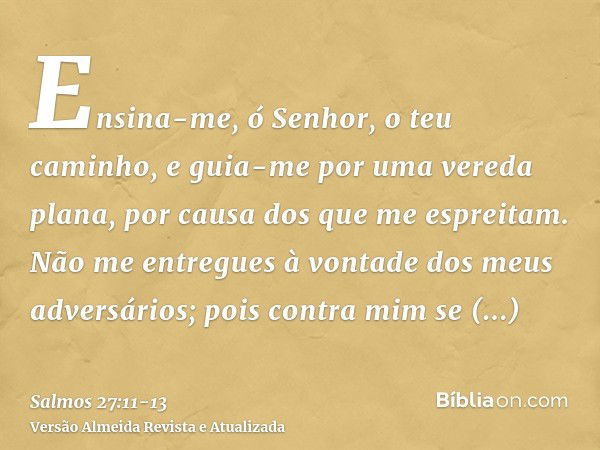 Ensina-me, ó Senhor, o teu caminho, e guia-me por uma vereda plana, por causa dos que me espreitam.Não me entregues à vontade dos meus adversários; pois contra 