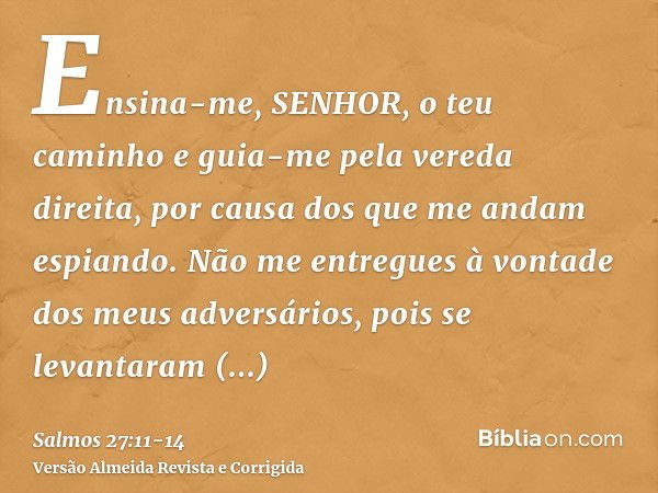 Ensina-me, SENHOR, o teu caminho e guia-me pela vereda direita, por causa dos que me andam espiando.Não me entregues à vontade dos meus adversários, pois se lev