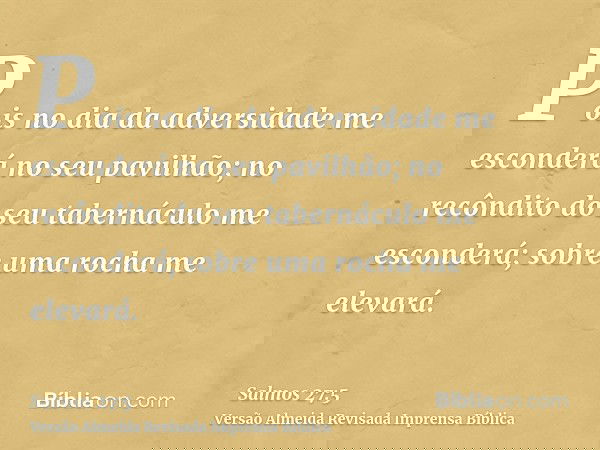 Pois no dia da adversidade me esconderá no seu pavilhão; no recôndito do seu tabernáculo me esconderá; sobre uma rocha me elevará.