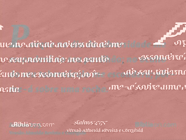 Porque no dia da adversidade me esconderá no seu pavilhão; no oculto do seu tabernáculo me esconderá; pôr-me-á sobre uma rocha.