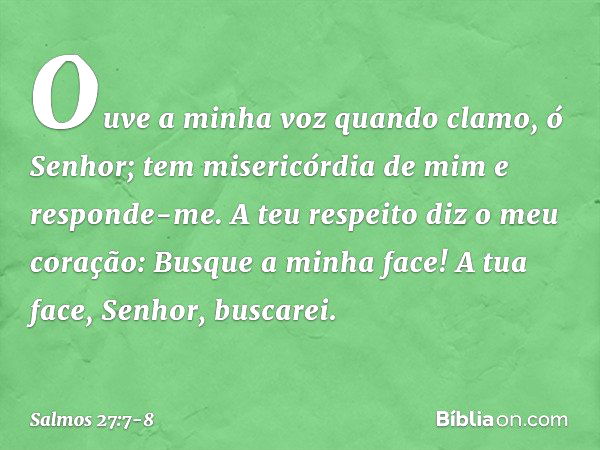 Ouve a minha voz quando clamo, ó Senhor;
tem misericórdia de mim e responde-me. A teu respeito diz o meu coração:
Busque a minha face!
A tua face, Senhor, busca