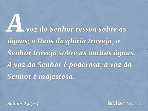 A voz do Senhor ressoa sobre as águas;
o Deus da glória troveja,
o Senhor troveja sobre as muitas águas. A voz do Senhor é poderosa;
a voz do Senhor é majestosa