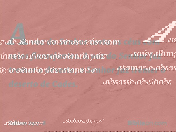 A voz do Senhor corta os céus
com raios flamejantes. A voz do Senhor faz tremer o deserto;
o Senhor faz tremer o deserto de Cades. -- Salmo 29:7-8