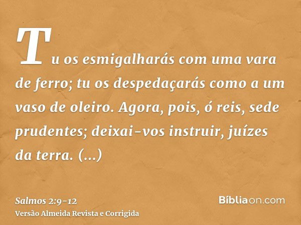 Tu os esmigalharás com uma vara de ferro; tu os despedaçarás como a um vaso de oleiro.Agora, pois, ó reis, sede prudentes; deixai-vos instruir, juízes da terra.