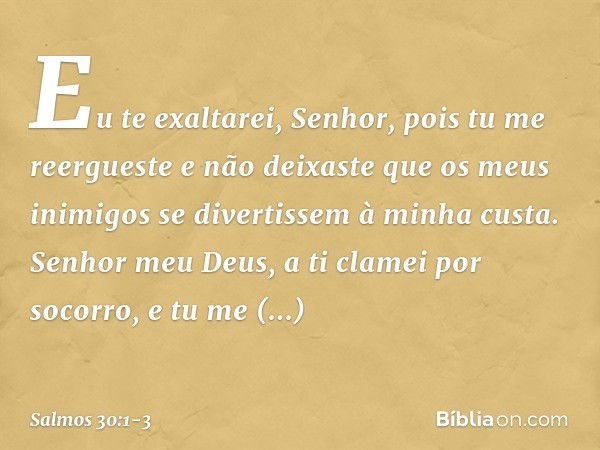 Eu te exaltarei, Senhor,
pois tu me reergueste
e não deixaste que os meus inimigos
se divertissem à minha custa. Senhor meu Deus, a ti clamei por socorro,
e tu 