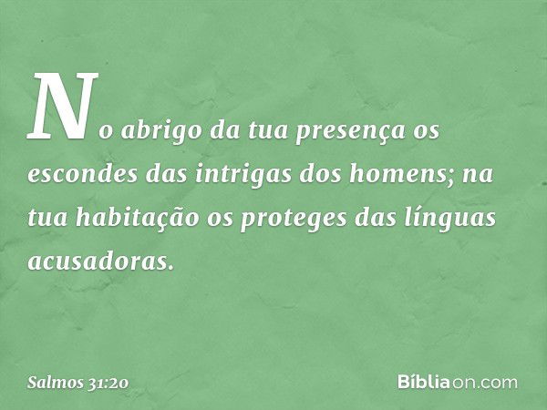 No abrigo da tua presença os escondes
das intrigas dos homens;
na tua habitação os proteges
das línguas acusadoras. -- Salmo 31:20