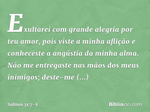 Exultarei com grande alegria por teu amor,
pois viste a minha aflição
e conheceste a angústia da minha alma. Não me entregaste
nas mãos dos meus inimigos;
deste