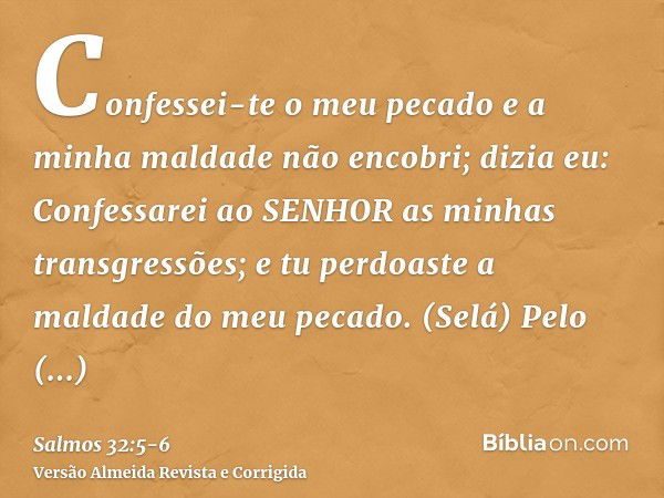 Confessei-te o meu pecado e a minha maldade não encobri; dizia eu: Confessarei ao SENHOR as minhas transgressões; e tu perdoaste a maldade do meu pecado. (Selá)