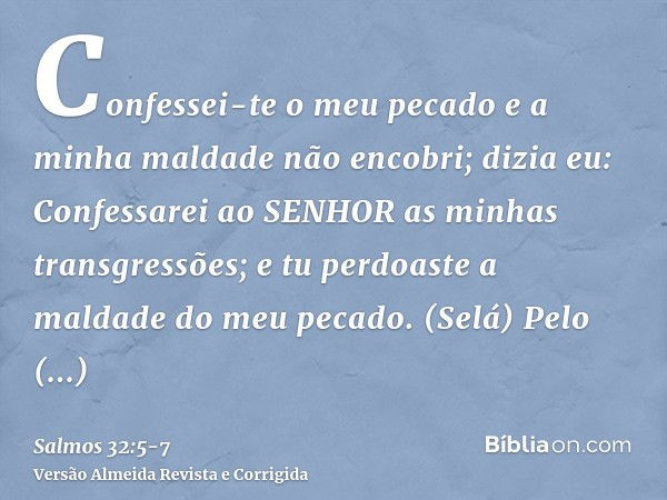 Confessei-te o meu pecado e a minha maldade não encobri; dizia eu: Confessarei ao SENHOR as minhas transgressões; e tu perdoaste a maldade do meu pecado. (Selá)