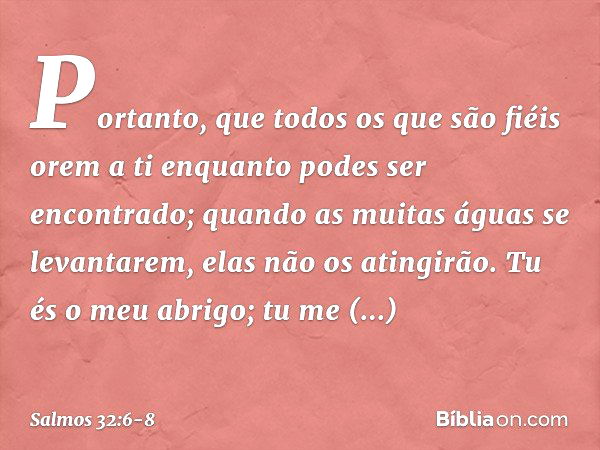 Portanto, que todos os que são fiéis orem a ti
enquanto podes ser encontrado;
quando as muitas águas se levantarem,
elas não os atingirão. Tu és o meu abrigo;
t