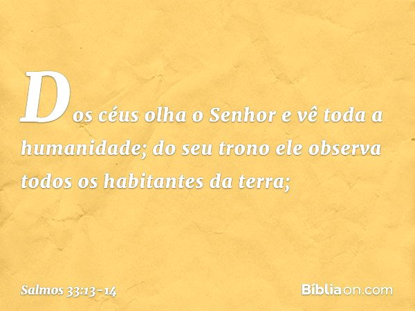 Dos céus olha o Senhor
e vê toda a humanidade; do seu trono ele observa
todos os habitantes da terra; -- Salmo 33:13-14