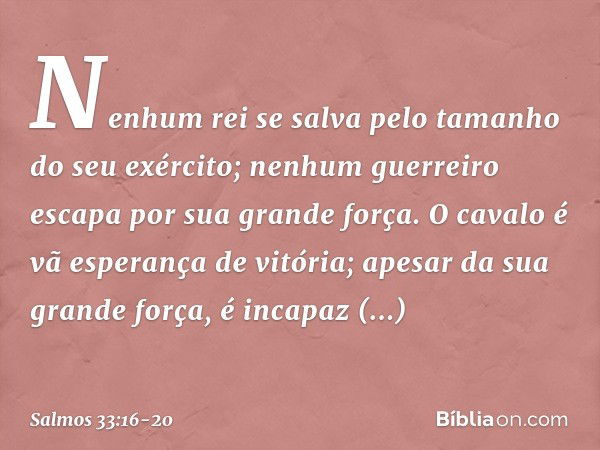 Nenhum rei se salva
pelo tamanho do seu exército;
nenhum guerreiro escapa por sua grande força. O cavalo é vã esperança de vitória;
apesar da sua grande força, 