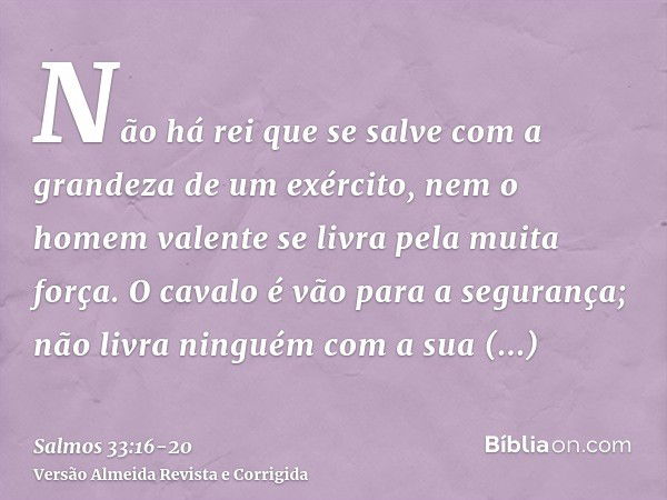 Não há rei que se salve com a grandeza de um exército, nem o homem valente se livra pela muita força.O cavalo é vão para a segurança; não livra ninguém com a su