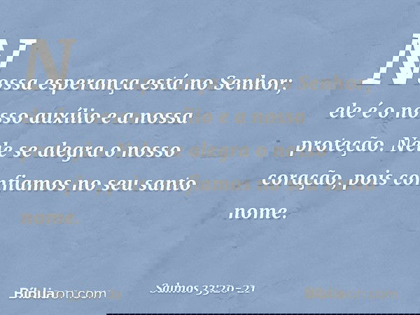 Nossa esperança está no Senhor;
ele é o nosso auxílio e a nossa proteção. Nele se alegra o nosso coração,
pois confiamos no seu santo nome. -- Salmo 33:20-21