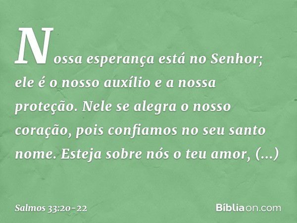 Nossa esperança está no Senhor;
ele é o nosso auxílio e a nossa proteção. Nele se alegra o nosso coração,
pois confiamos no seu santo nome. Esteja sobre nós o t