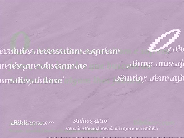 Os leõezinhos necessitam e sofrem fome, mas àqueles que buscam ao Senhor, bem algum lhes faltará.