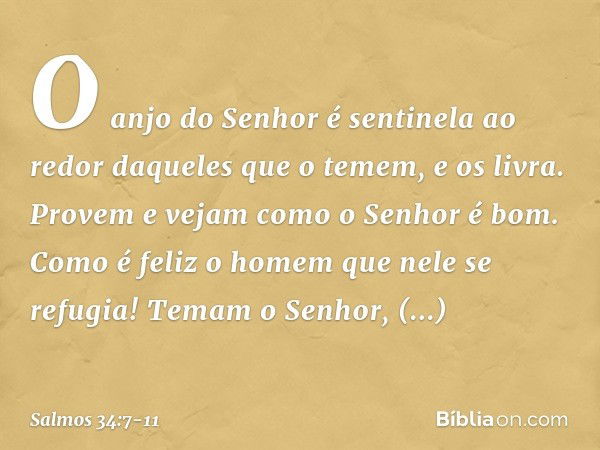 O anjo do Senhor é sentinela ao redor
daqueles que o temem,
e os livra. Provem e vejam como o Senhor é bom.
Como é feliz o homem que nele se refugia! Temam o Se