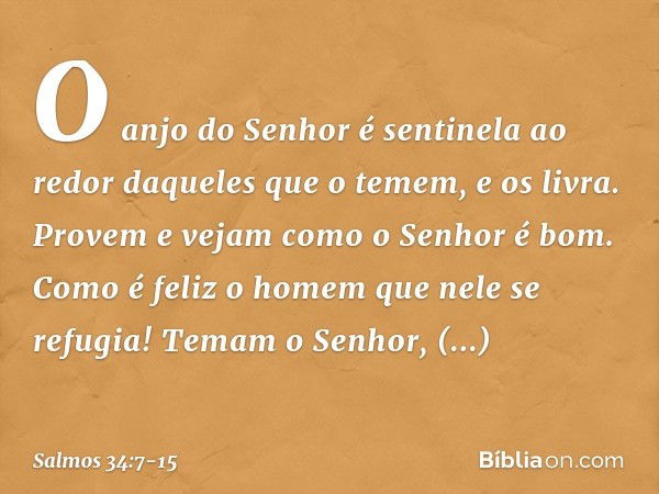 O anjo do Senhor é sentinela ao redor
daqueles que o temem,
e os livra. Provem e vejam como o Senhor é bom.
Como é feliz o homem que nele se refugia! Temam o Se