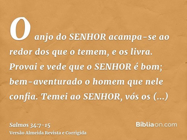 O anjo do SENHOR acampa-se ao redor dos que o temem, e os livra.Provai e vede que o SENHOR é bom; bem-aventurado o homem que nele confia.Temei ao SENHOR, vós os