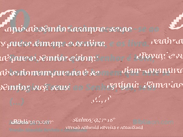O anjo do Senhor acampa-se ao redor dos que o temem, e os livra.Provai, e vede que o Senhor é bom; bem-aventurado o homem que nele se refugia.Temei ao Senhor, v