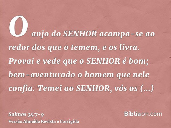 O anjo do SENHOR acampa-se ao redor dos que o temem, e os livra.Provai e vede que o SENHOR é bom; bem-aventurado o homem que nele confia.Temei ao SENHOR, vós os