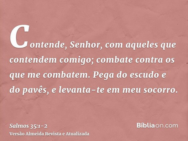 Contende, Senhor, com aqueles que contendem comigo; combate contra os que me combatem.Pega do escudo e do pavês, e levanta-te em meu socorro.