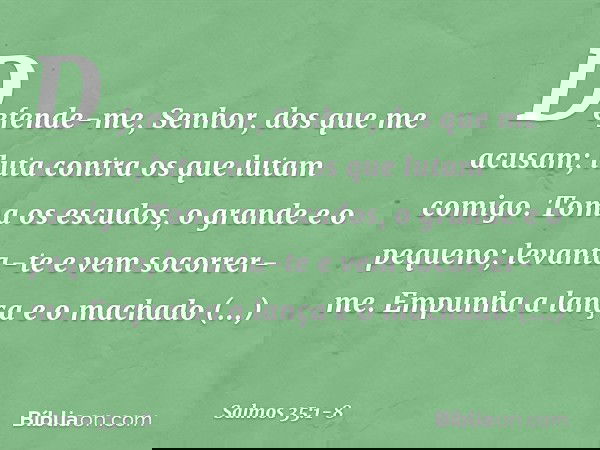 Defende-me, Senhor, dos que me acusam;
luta contra os que lutam comigo. Toma os escudos, o grande e o pequeno;
levanta-te e vem socorrer-me. Empunha a lança e o
