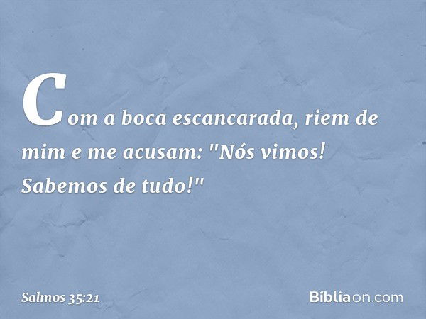 Com a boca escancarada,
riem de mim e me acusam:
"Nós vimos! Sabemos de tudo!" -- Salmo 35:21