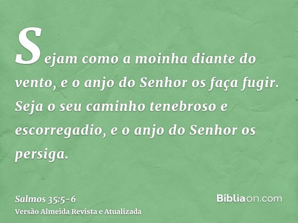 Sejam como a moinha diante do vento, e o anjo do Senhor os faça fugir.Seja o seu caminho tenebroso e escorregadio, e o anjo do Senhor os persiga.