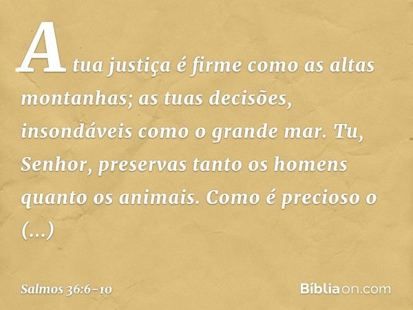 A tua justiça é firme como as altas montanhas;
as tuas decisões, insondáveis como o grande mar.
Tu, Senhor, preservas
tanto os homens quanto os animais. Como é 