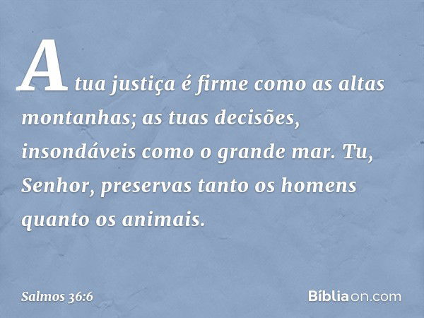 A tua justiça é firme como as altas montanhas;
as tuas decisões, insondáveis como o grande mar.
Tu, Senhor, preservas
tanto os homens quanto os animais. -- Salm