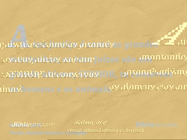 A tua justiça é como as grandes montanhas; os teus juízos são um grande abismo; SENHOR, tu conservas os homens e os animais.
