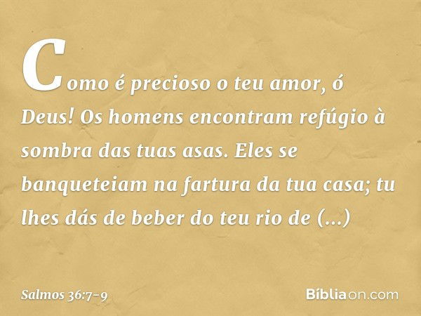 Como é precioso o teu amor, ó Deus!
Os homens encontram
refúgio à sombra das tuas asas. Eles se banqueteiam na fartura da tua casa;
tu lhes dás de beber do teu 