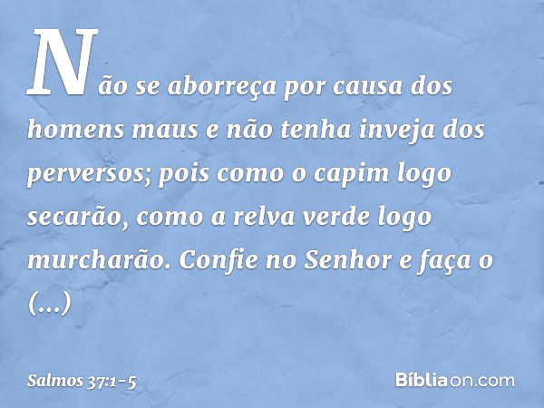 Não se aborreça por causa dos homens maus
e não tenha inveja dos perversos; pois como o capim logo secarão,
como a relva verde logo murcharão. Confie no Senhor 