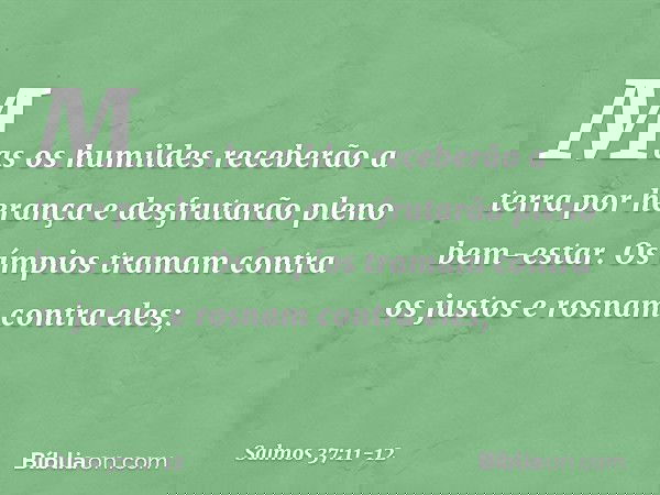 Mas os humildes receberão a terra por herança
e desfrutarão pleno bem-estar. Os ímpios tramam contra os justos
e rosnam contra eles; -- Salmo 37:11-12