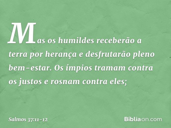 Mas os humildes receberão a terra por herança
e desfrutarão pleno bem-estar. Os ímpios tramam contra os justos
e rosnam contra eles; -- Salmo 37:11-12