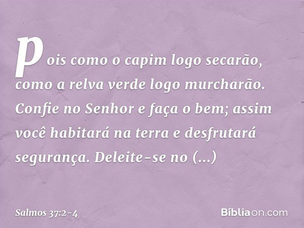 pois como o capim logo secarão,
como a relva verde logo murcharão. Confie no Senhor e faça o bem;
assim você habitará na terra
e desfrutará segurança. Deleite-s